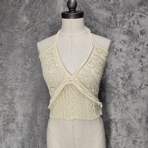 Crochet Halter Top Women L Ivory Knit Boho Crop Boho Festival Coastal Pointelle